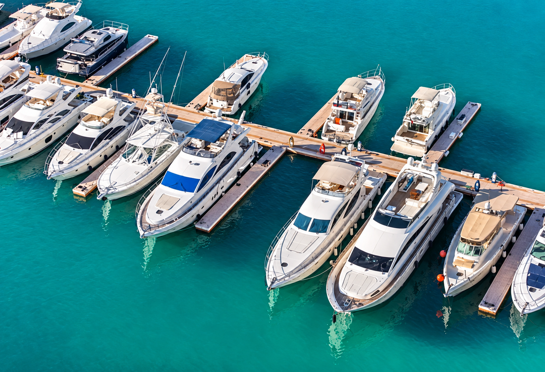 VIP Yachts fleet docked at Dubai Marina at dusk